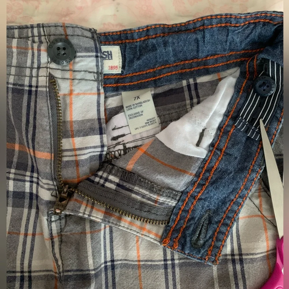 OshKosh B'Gosh Shorts Boy 7X Gray Blue Plaid Cargo Flat Front Pockets Adjustable